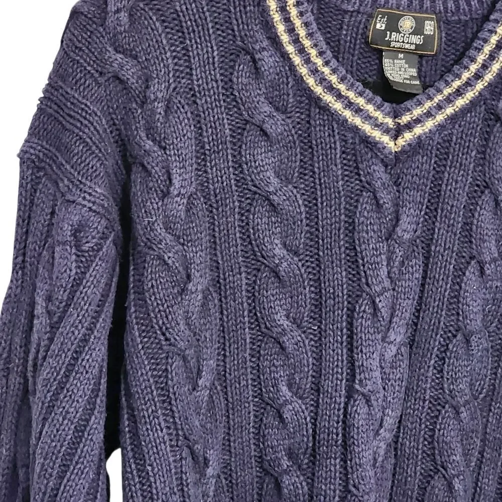 Vintage Mens Sweater M Navy Blue Old Money Preppy New England Cable Knit Chunky